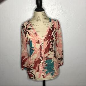 Joie tropical leaves pink 100% silk blouse 3/4 sleeve sheer size small